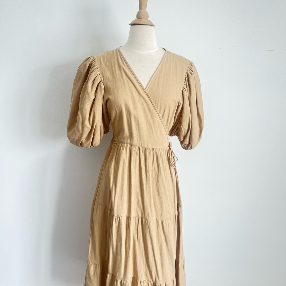Tan Puff Sleeve wrap Midi Dress -Size 10